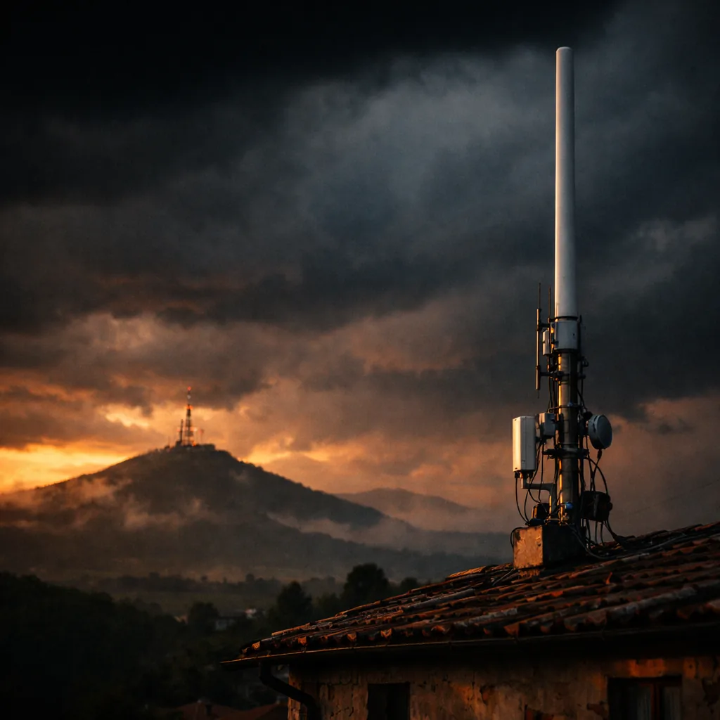 A base station antenna on a rooftop under a stormy sky