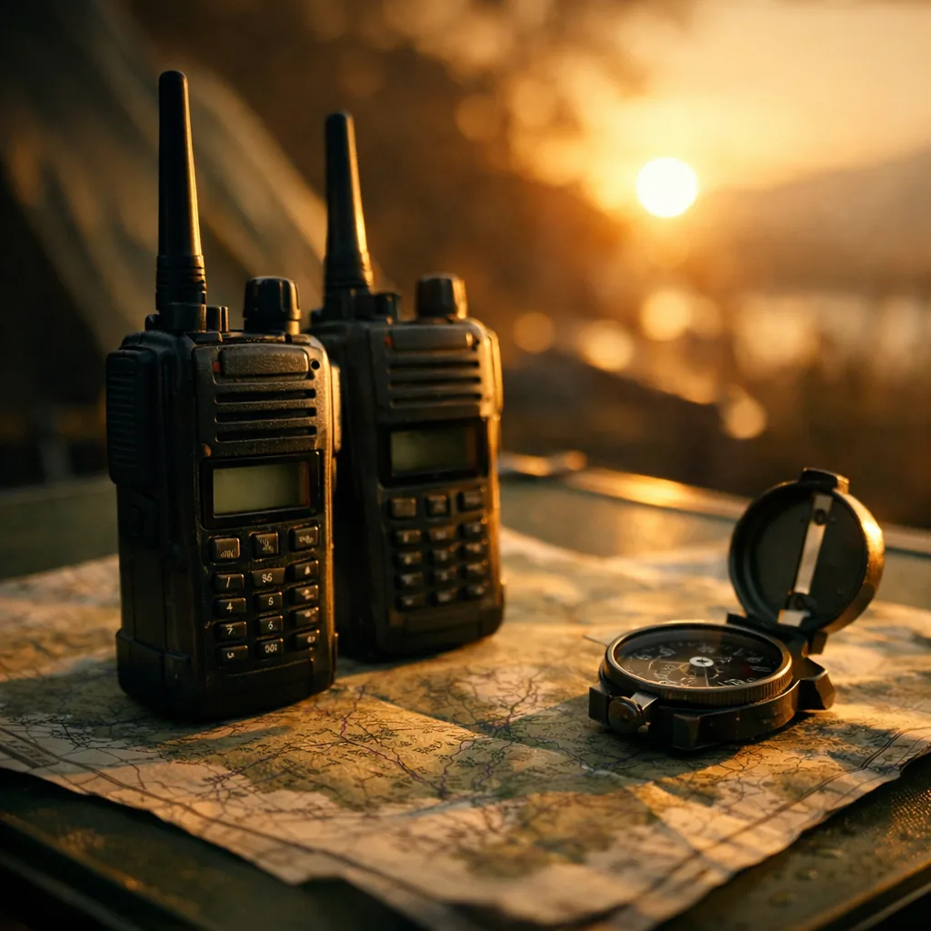 Two handheld radios on a topographic map with a compass
