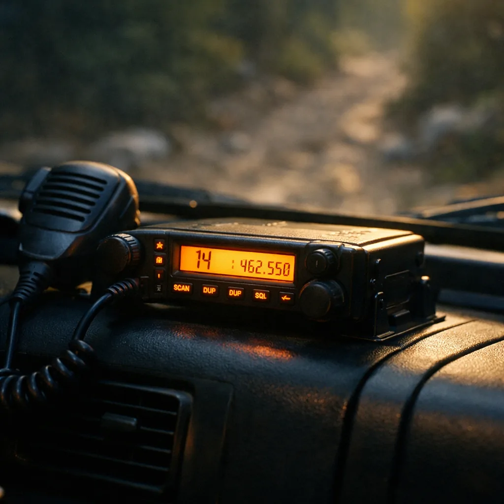 A mobile radio mounted in an off-road vehicle's dashboard