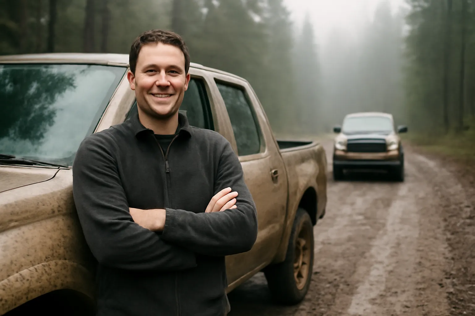 A smiling man with arms folded beside a muddy pickup on a misty forest road, a second truck waiting behind