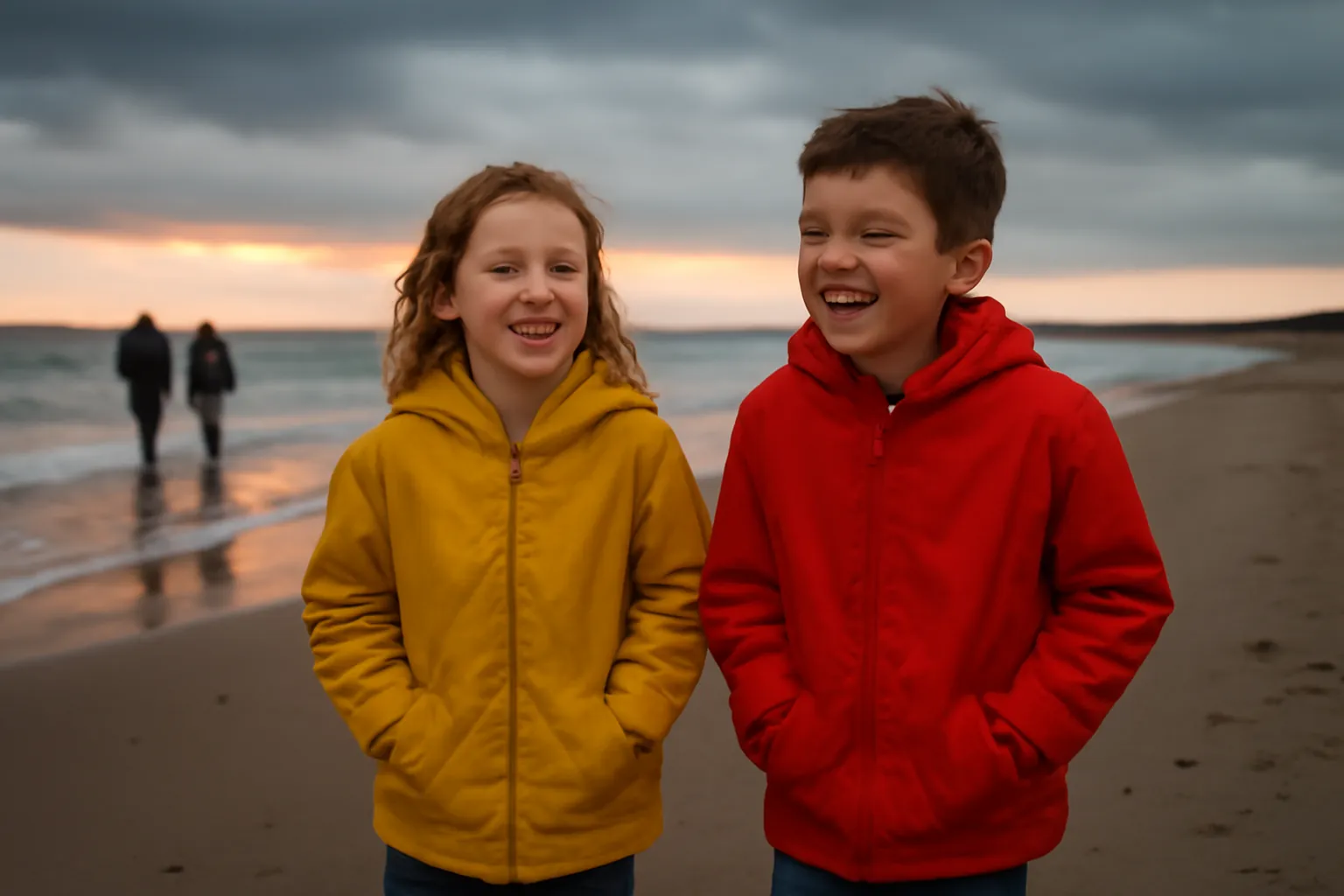 Two kids in yellow and red rain jackets laughing on a beach at dusk, hands in their pockets, two adults walking by the water behind them