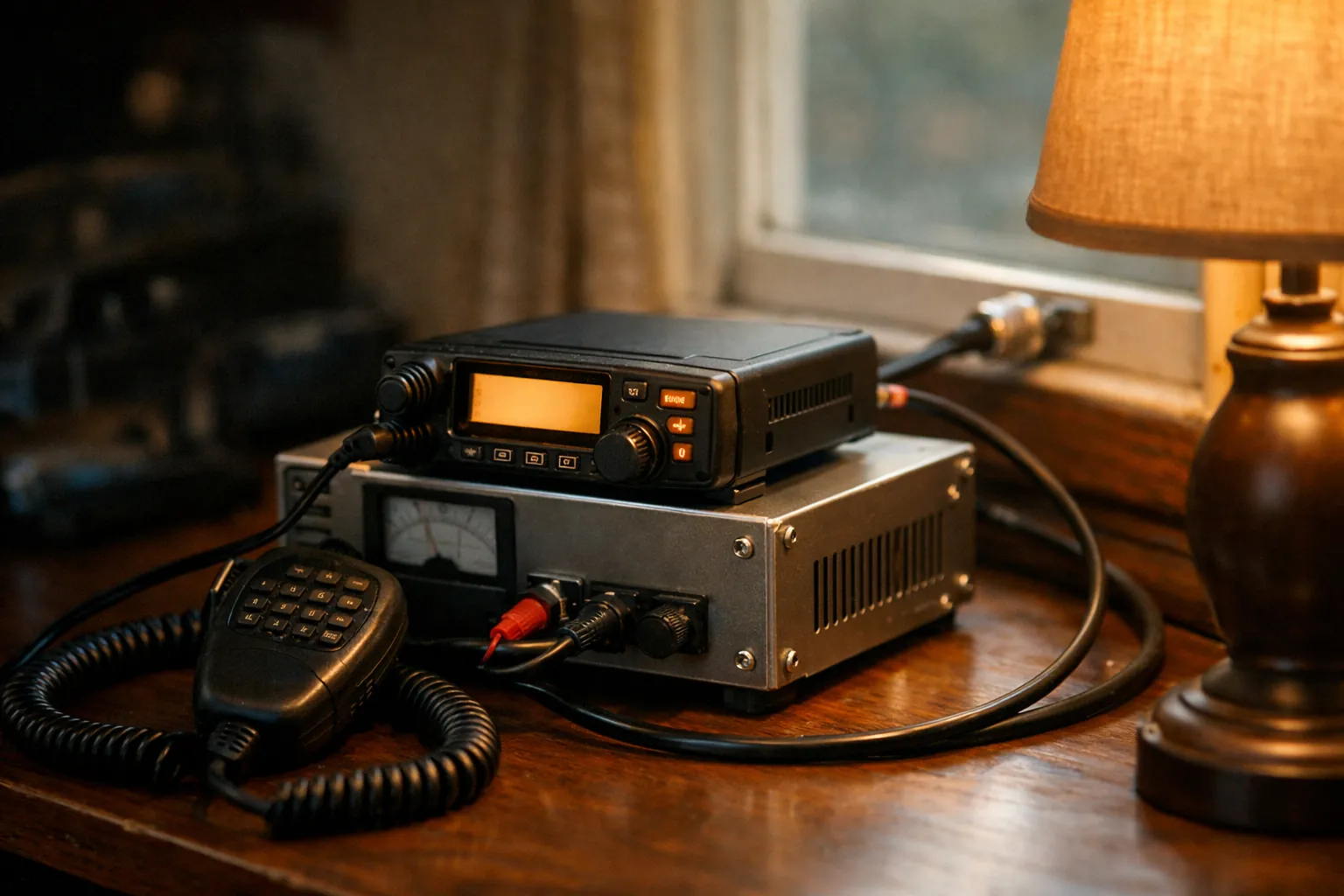 A mobile radio on a bench power supply at a home desk with coax to the window