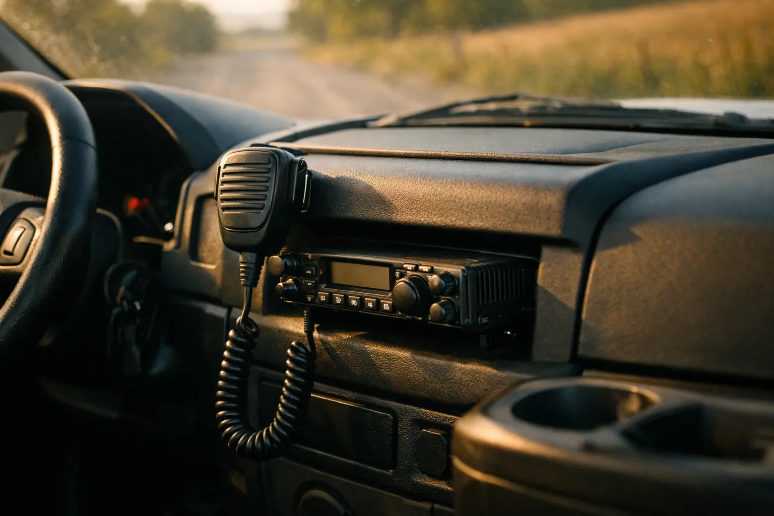 A compact black mobile two-way radio mounted under a pickup dashboard with a coiled hand microphone