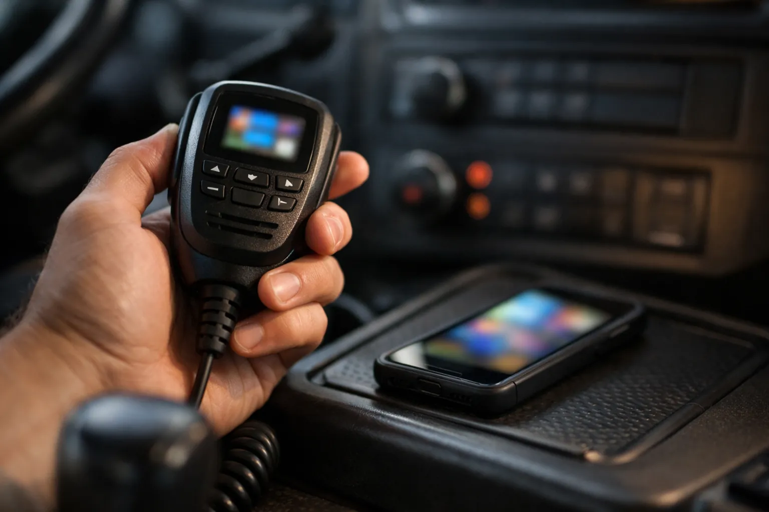 A radio hand mic with a color screen next to a smartphone on a console