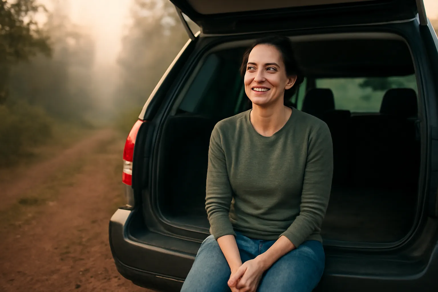 A smiling woman sitting on the open tailgate of an SUV at a misty trailhead at dawn