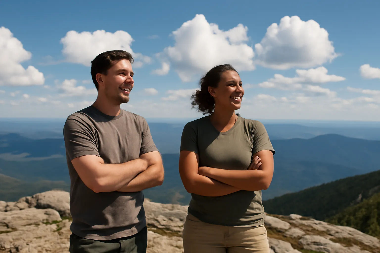 Two friends with arms folded smiling as they look out from a rocky summit over distant ridges under a blue sky