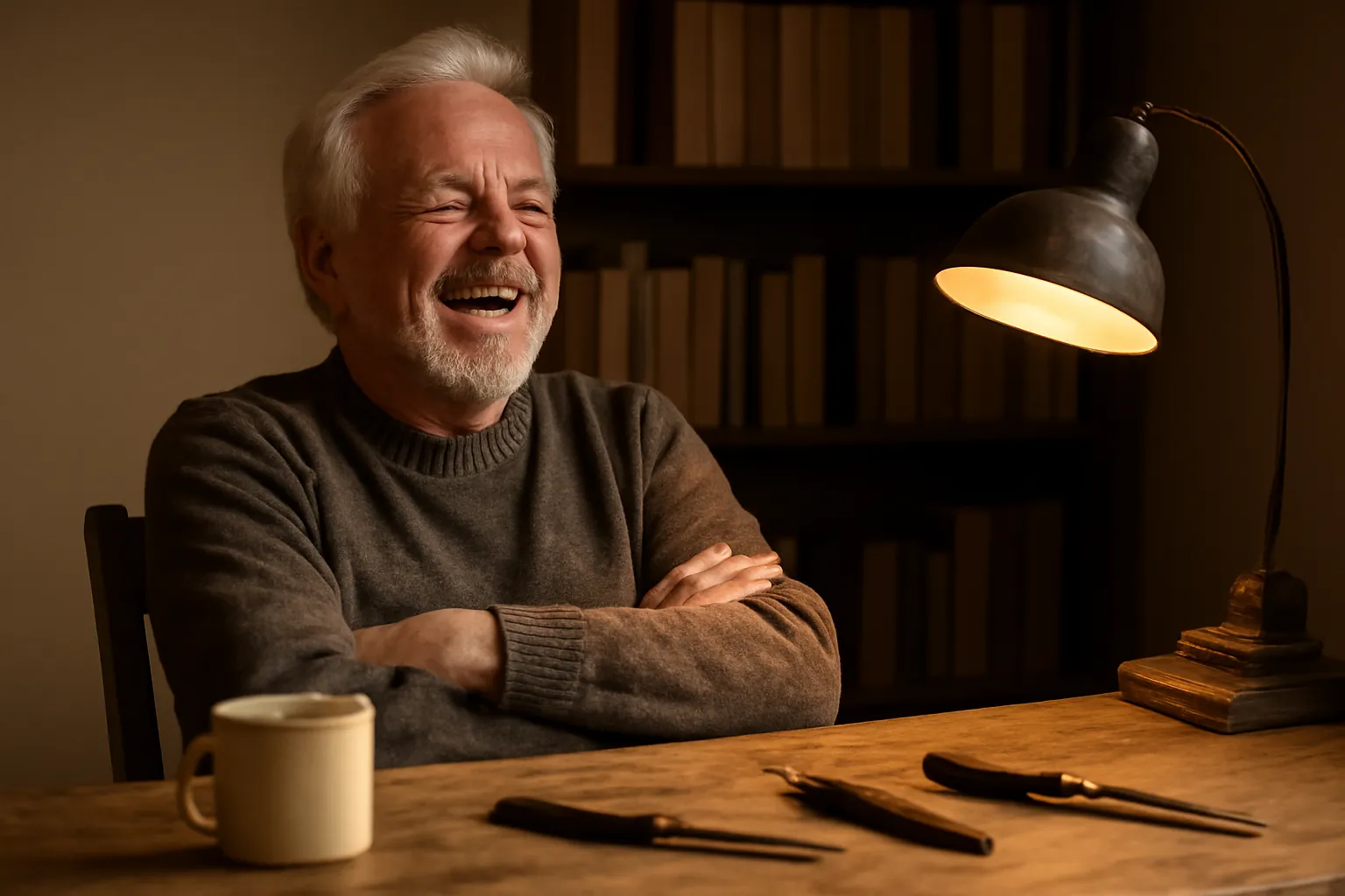 An older man with arms folded laughing at a home workbench by lamplight, a coffee mug and hand tools on the bench