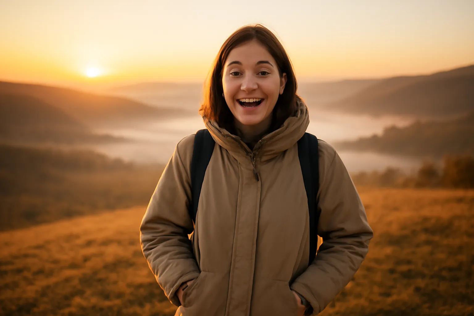 A young woman in a warm jacket and backpack smiling with surprise on a hilltop at sunrise, fog filling the valley below