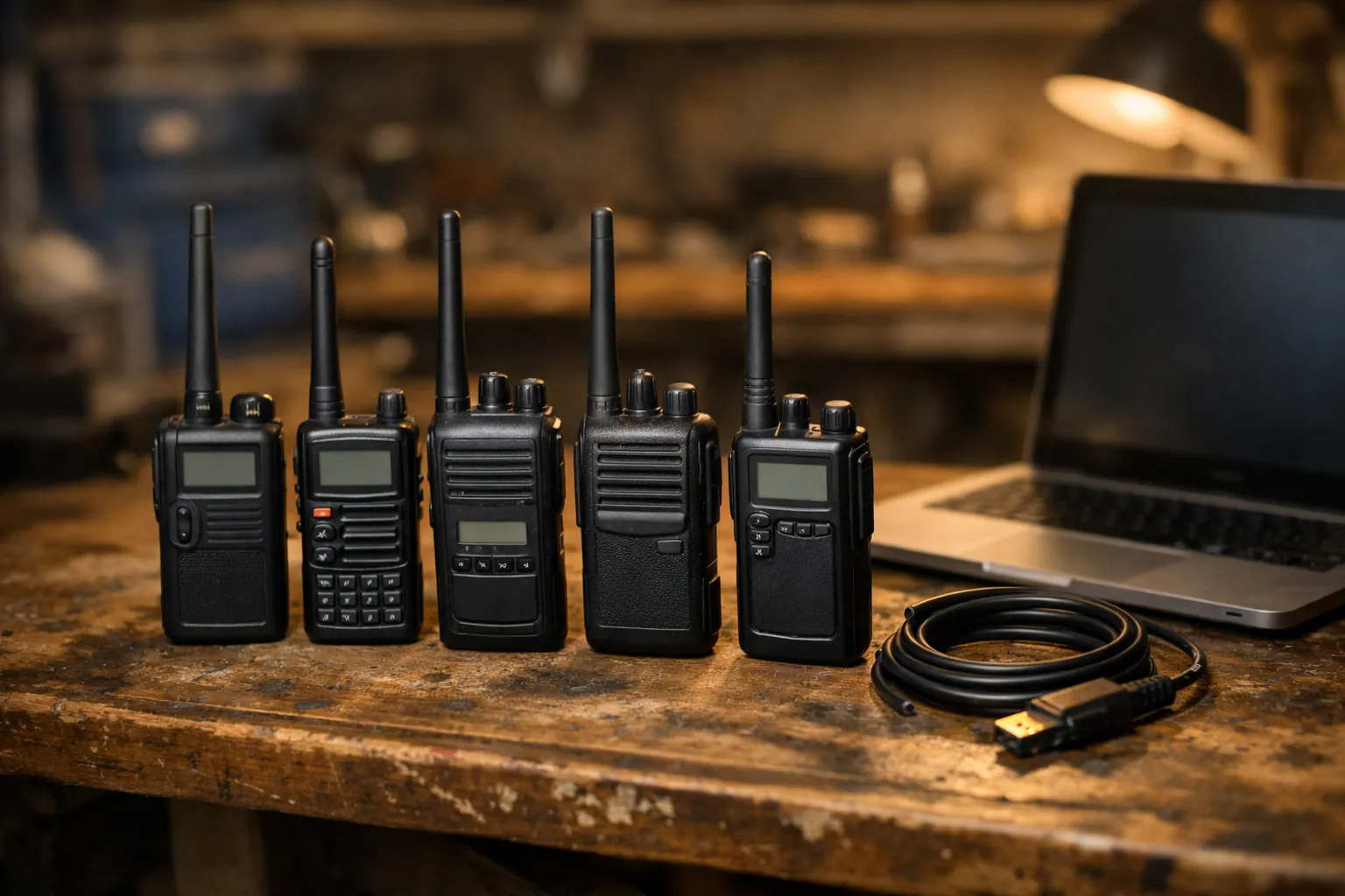Several handheld two-way radios of different styles laid out on a workbench next to a laptop
