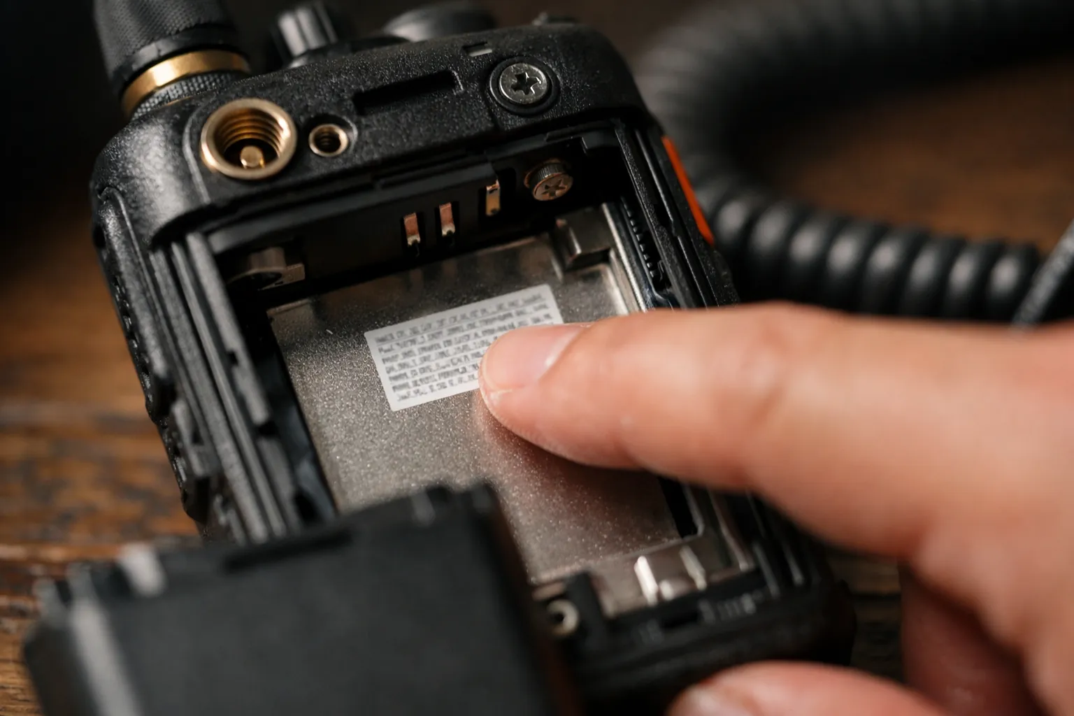 The compliance label on the back of a handheld radio with the battery removed