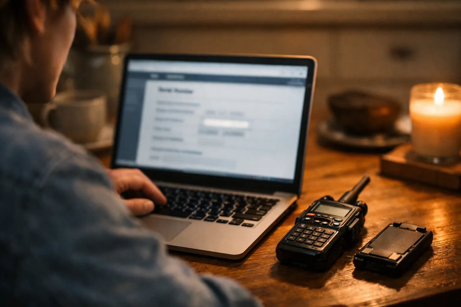 A person looking up a radio's FCC ID on a laptop at a kitchen table