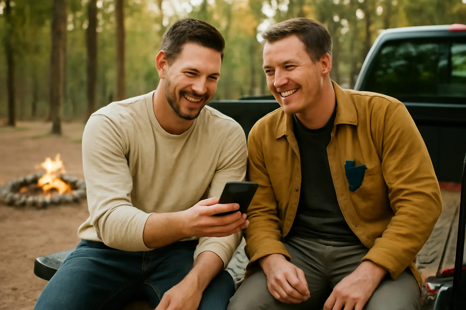 Two friends laughing over a phone on a pickup tailgate at a forest campsite, a campfire burning behind them