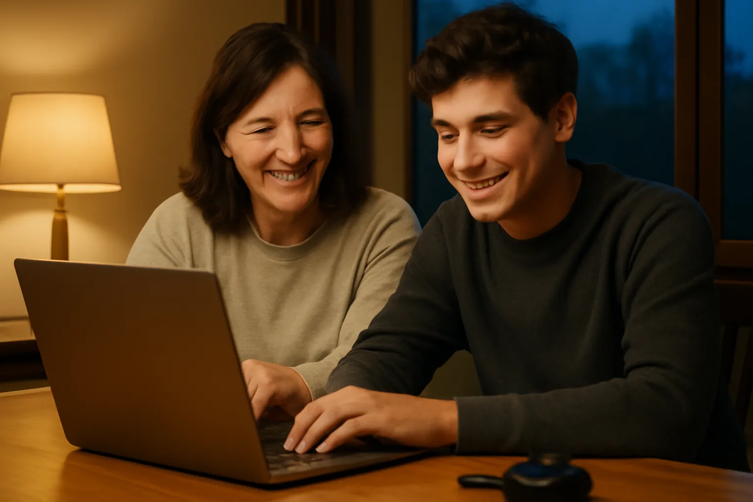 A mother and her teenage son smiling at a laptop at the dining table in the evening, a small radio near the edge of the table