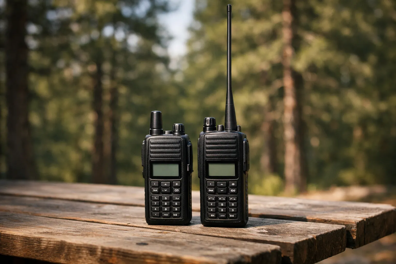 Two handheld radios side by side on a picnic table