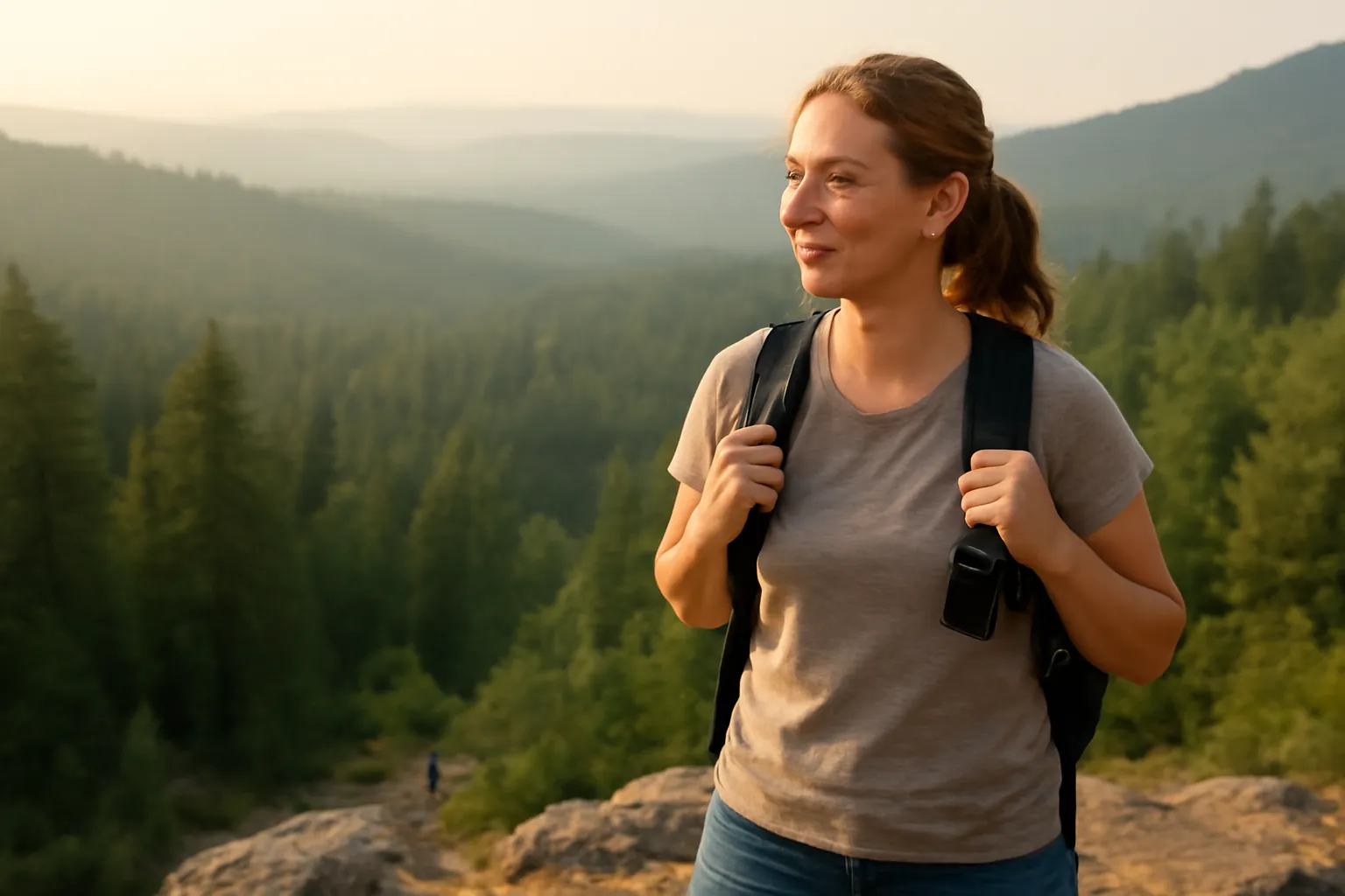 A woman with a radio clipped to her backpack strap smiling on a rocky overlook above a forested valley, a hiker small on the trail below