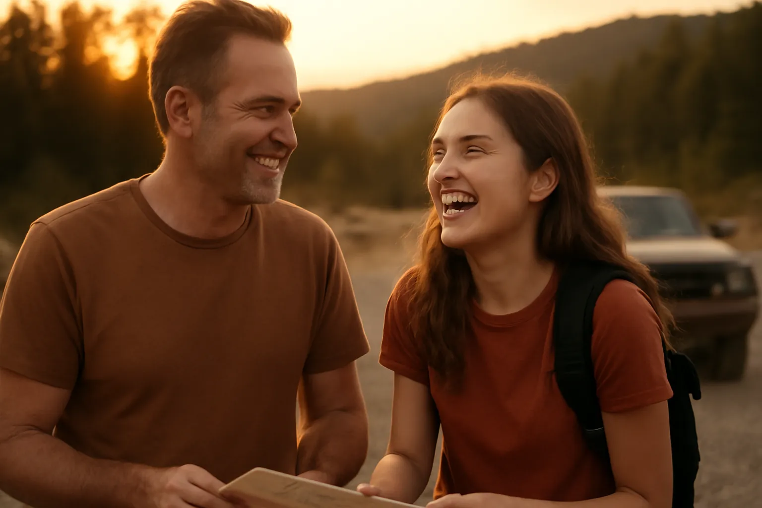 A father and his teenage daughter laughing together at a gravel trailhead at sunset, a pickup parked behind them