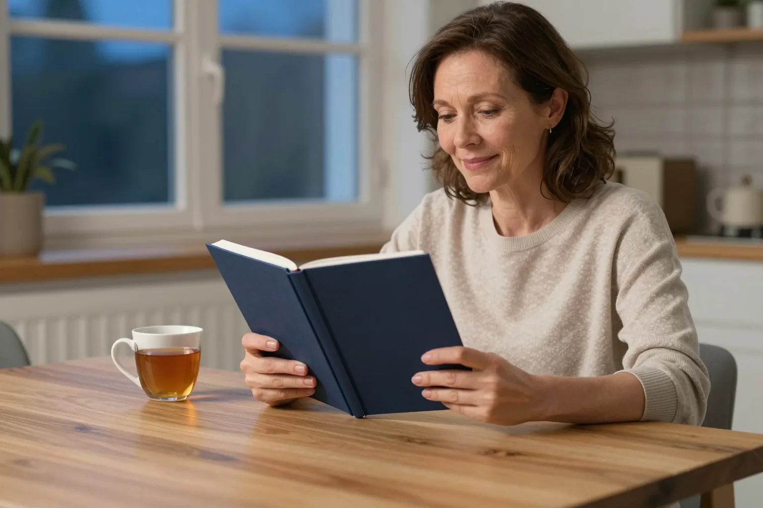 A woman smiling as she reads a dark blue hardcover book at a kitchen table in the evening, a cup of tea beside her