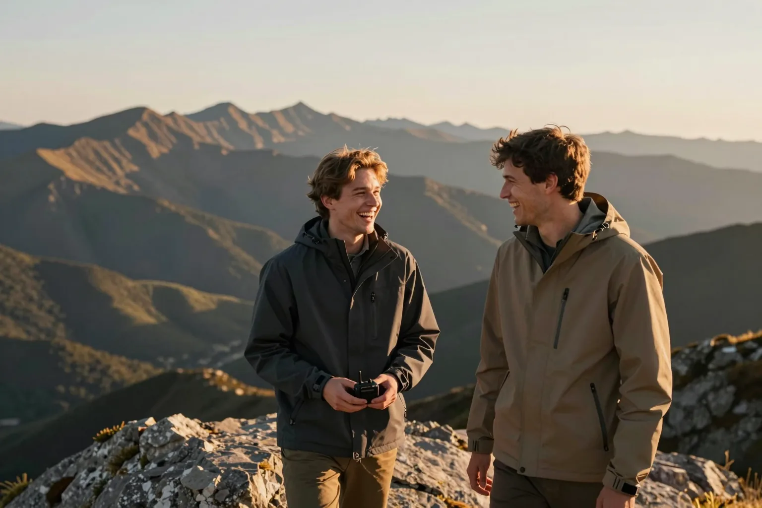 Two young men laughing together on a rocky mountain summit at golden hour, one holding a small handheld radio at waist height