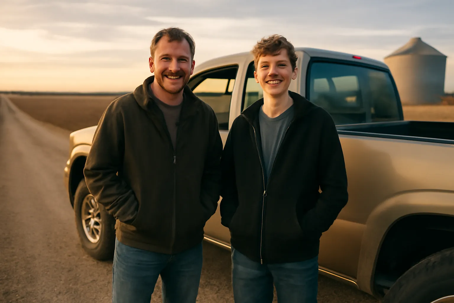 A smiling father and teenage son standing beside a pickup on a gravel road through farmland, a grain silo behind