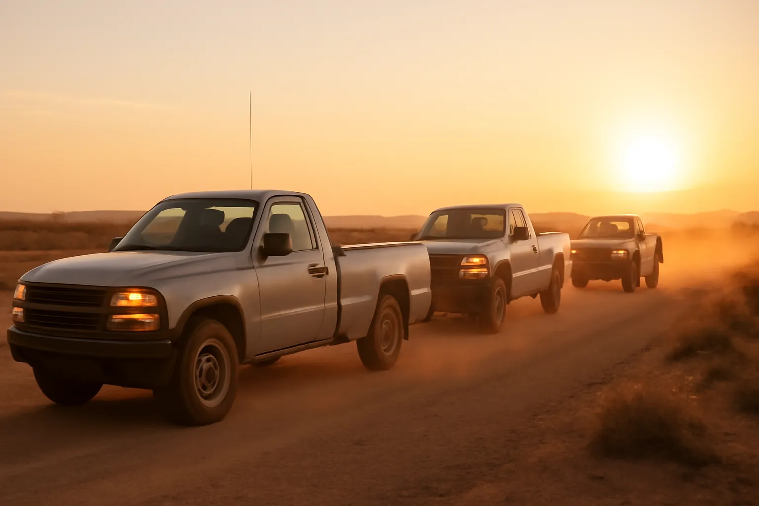 Three pickup trucks driving in a line down a dusty desert road at sunset, a tall antenna whip on the lead truck