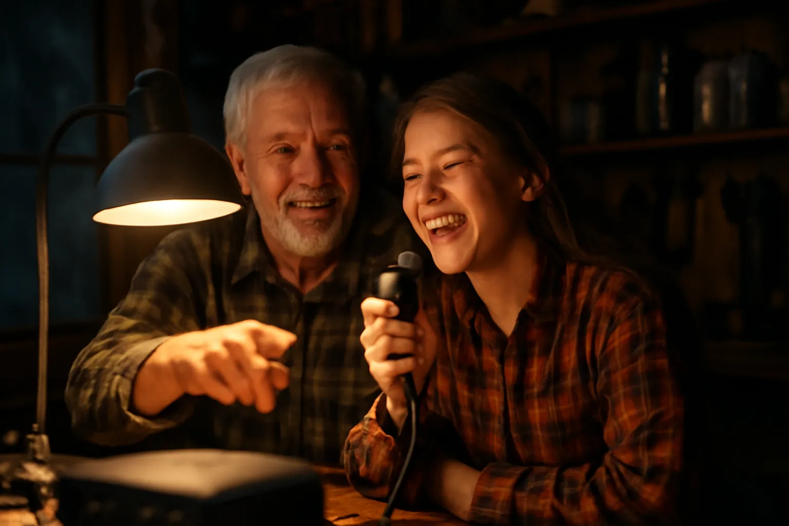 A grandfather and teenage granddaughter laughing in a lamplit workshop at night, she holding a coiled-cord hand mic