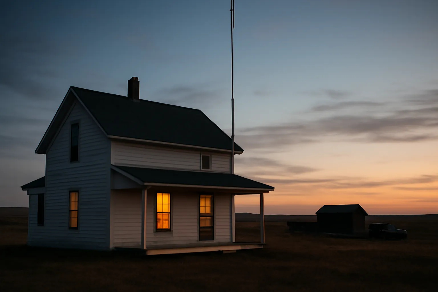 A farmhouse at dusk with a tall slender antenna on a mast beside the roof and warm light in the kitchen window