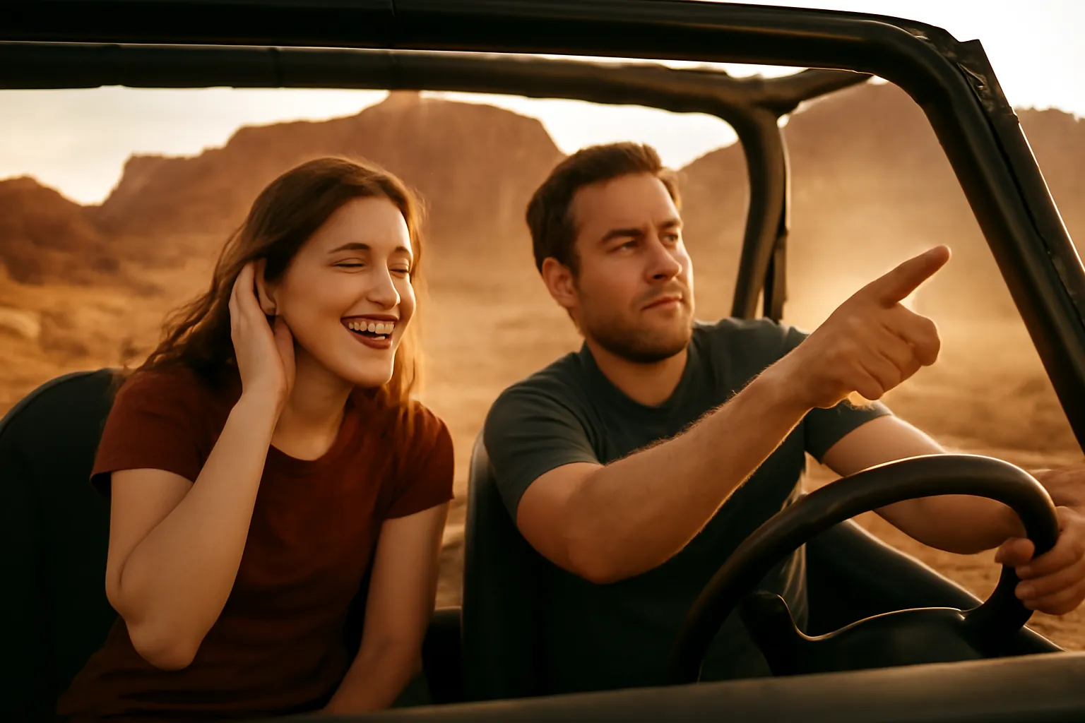 Two friends in an open-top off-road vehicle on a desert trail at golden hour, the passenger grinning with a hand cupped to her ear