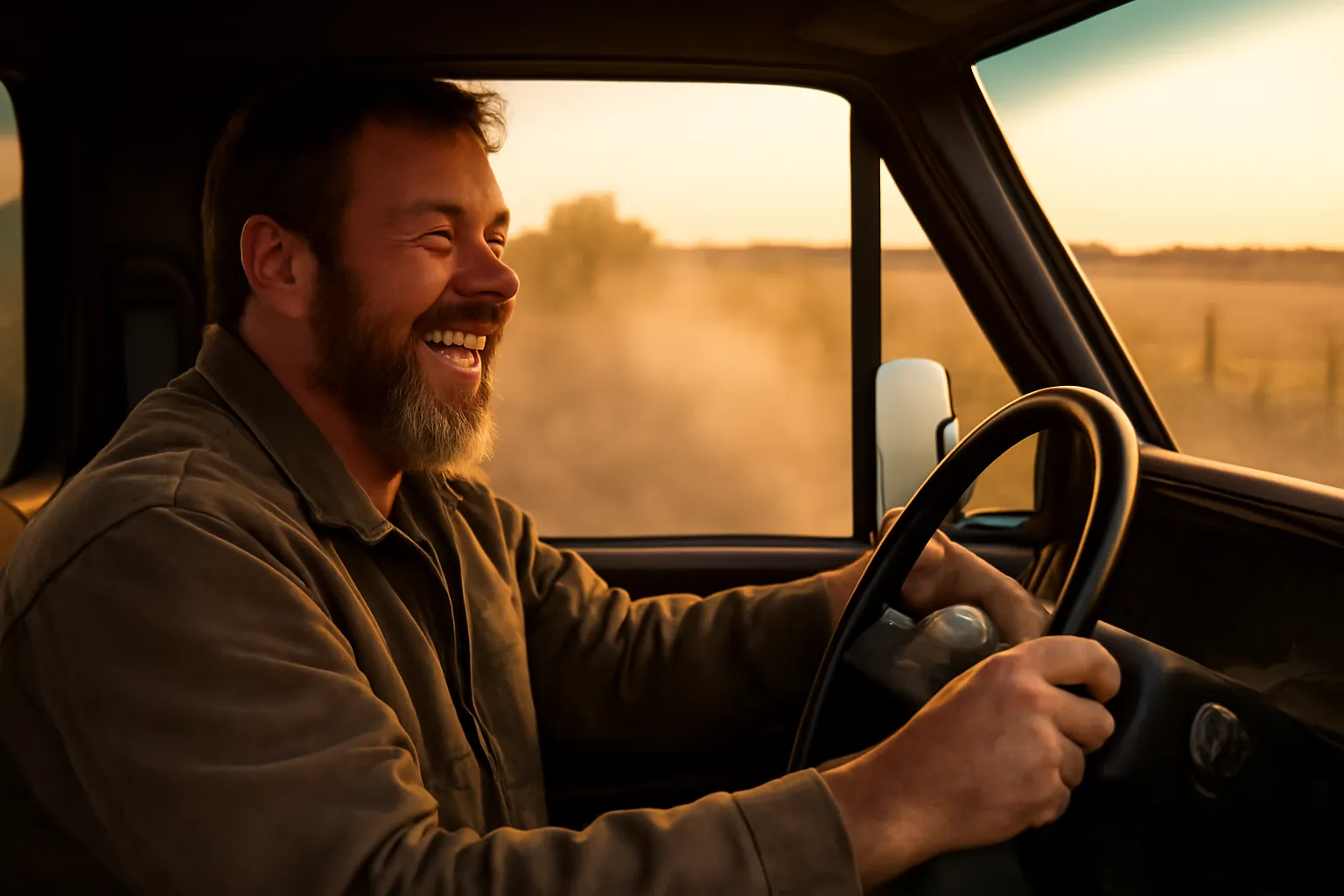 A bearded driver laughing behind the wheel of a pickup on a gravel road at sunset, window down, dust glowing in the low light