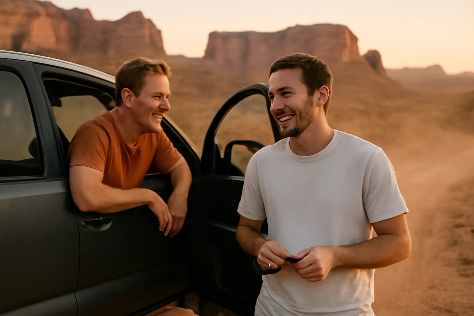 Two friends laughing by a dark pickup on a desert dirt road at golden hour, one leaning out the open window