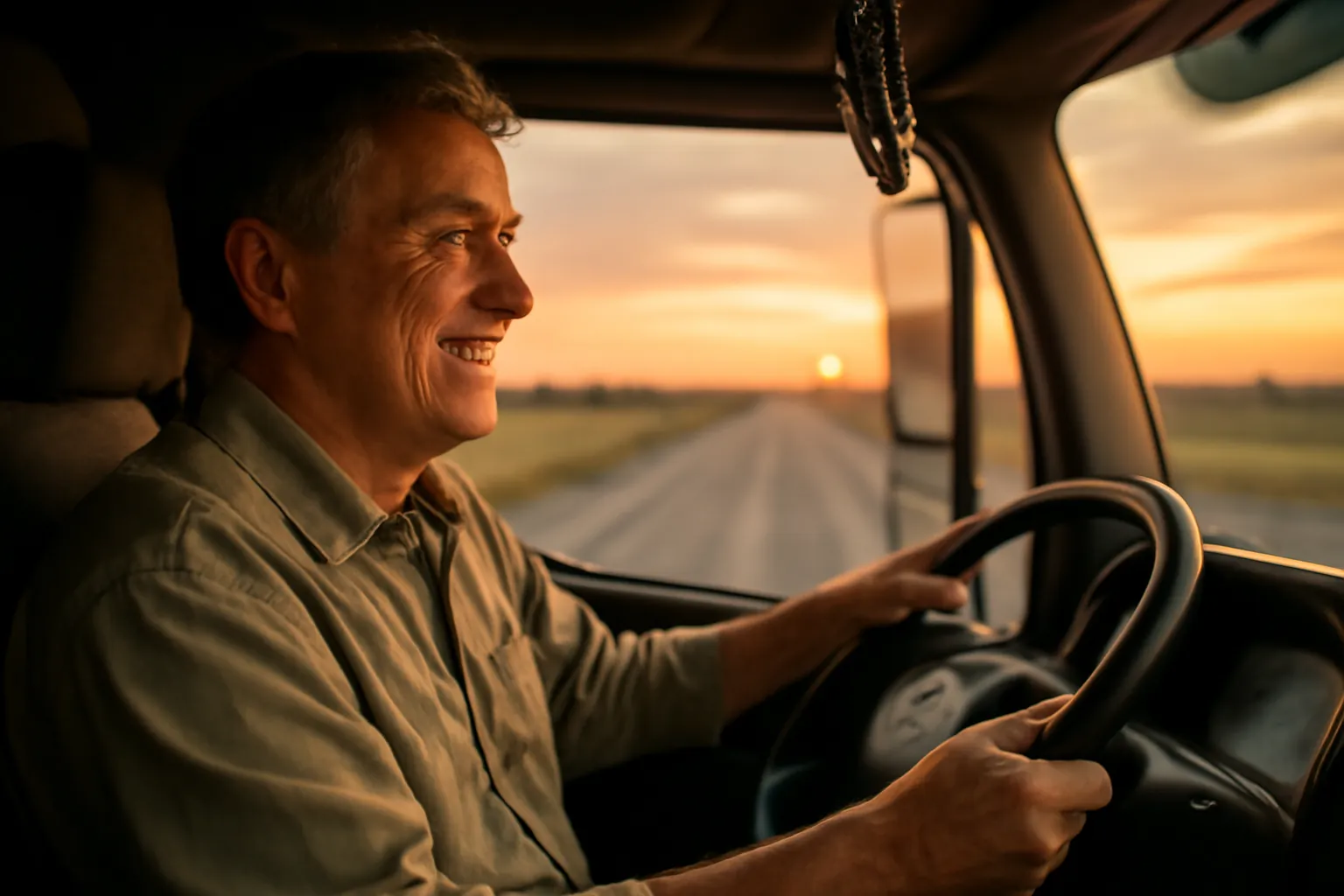 A smiling truck driver at the wheel of a big rig at sunset, a long straight road ahead through the windshield