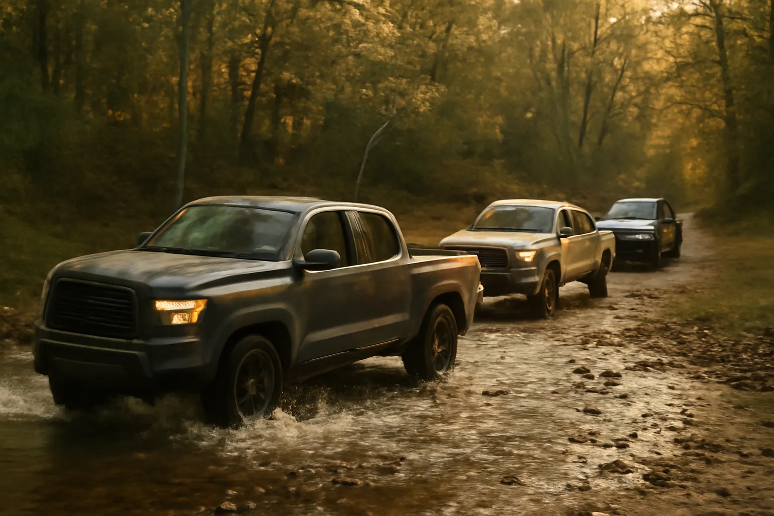 Three pickup trucks in a line crossing a shallow creek on a forest trail