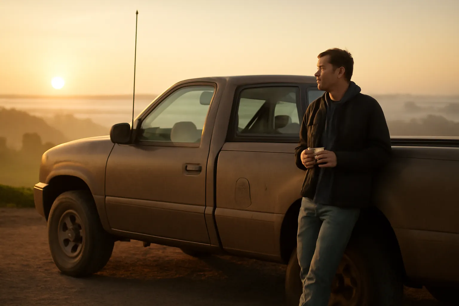 A pickup truck parked on an overlook above misty farmland at dawn, a tall whip antenna mounted by the mirror and the driver leaning on the truck with a coffee