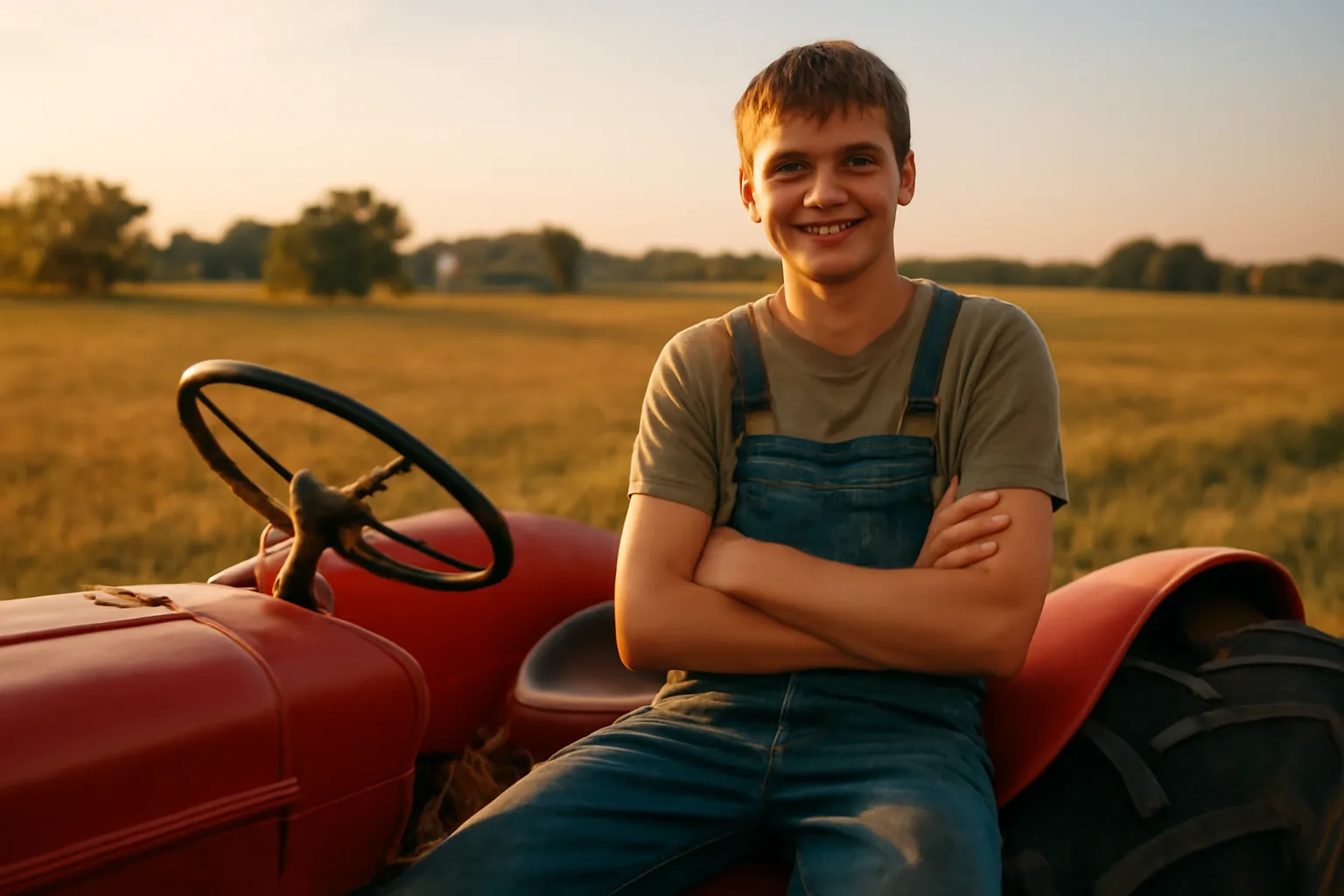 A smiling teenage boy in overalls with arms folded, sitting on a red tractor at the edge of a field