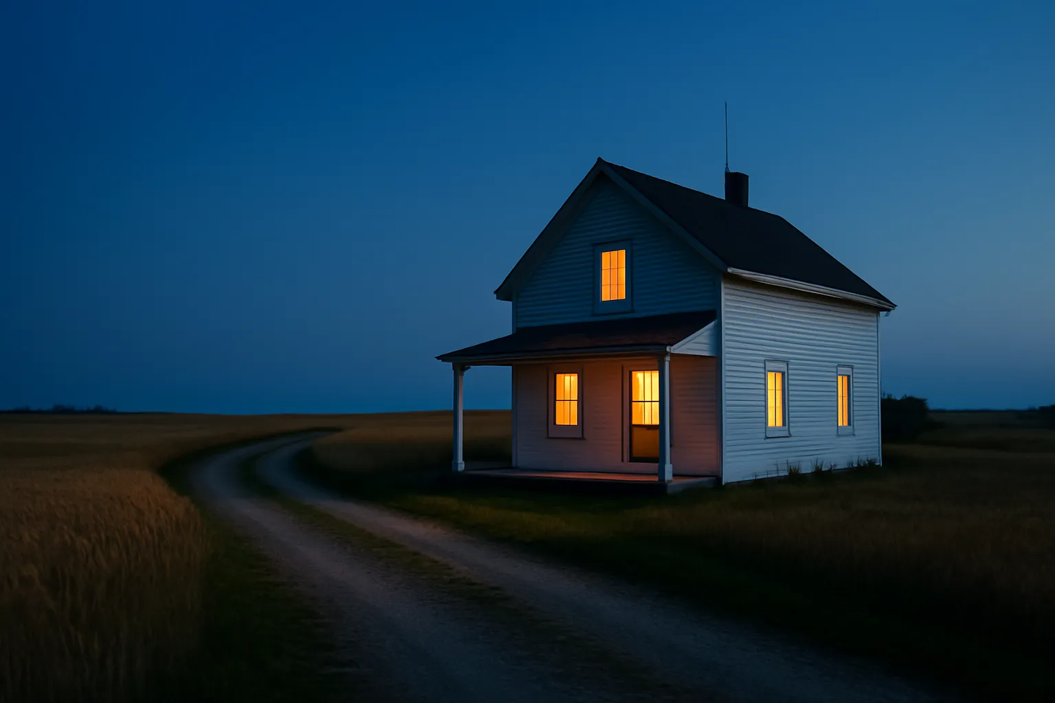 A white farmhouse with lit windows at blue hour, a thin antenna mast on the roof and a gravel drive curving through the fields