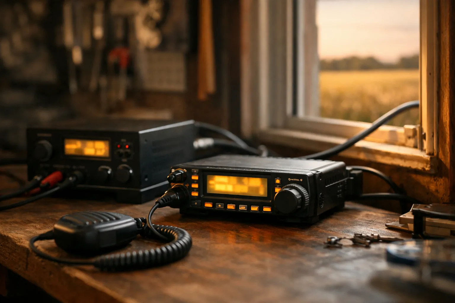 A mobile radio on a desk with a power supply and coax going out a window