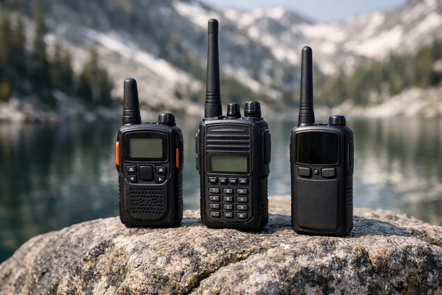 Three handheld radios on a boulder near an alpine lake