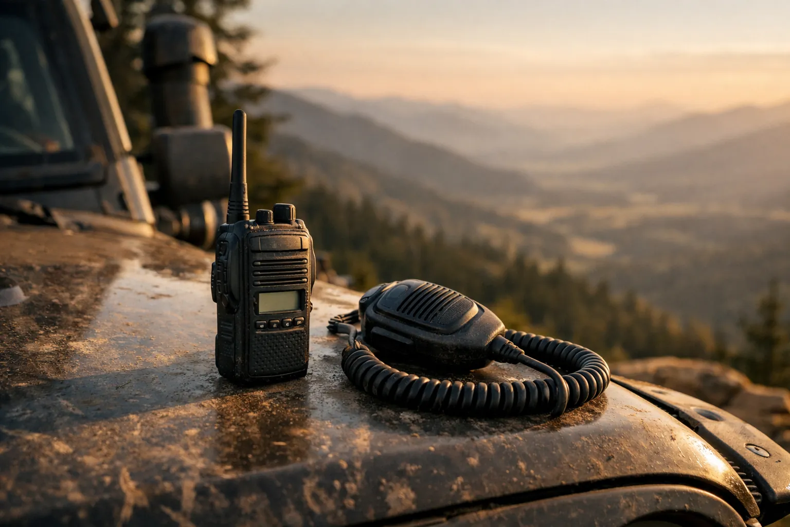 A handheld radio and a vehicle radio microphone resting on the hood of an off-road vehicle at a mountain overlook