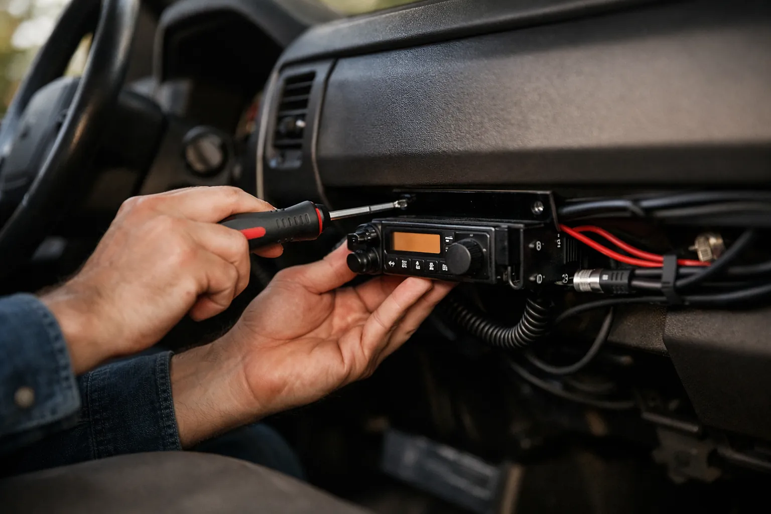 Someone mounting a mobile radio under a truck dashboard