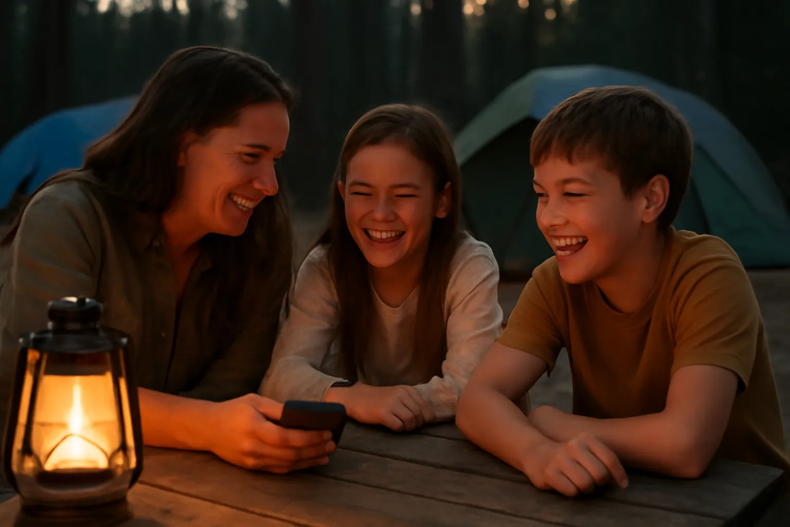 A mother and her two kids laughing at a campsite picnic table at dusk while she holds a phone, a lantern glowing beside them