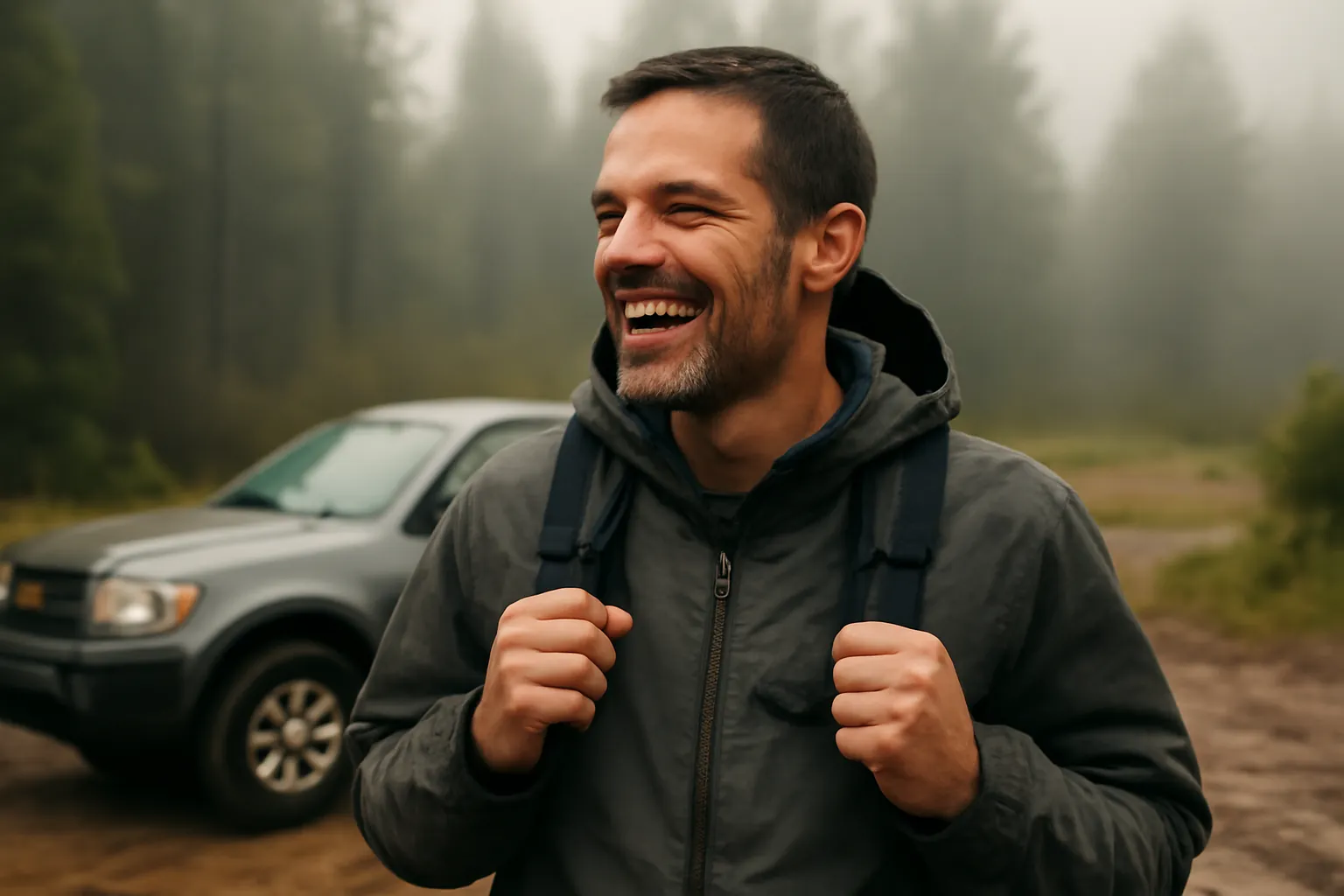 A man in a rain jacket and backpack laughing at a misty trailhead parking area, a vehicle parked behind him