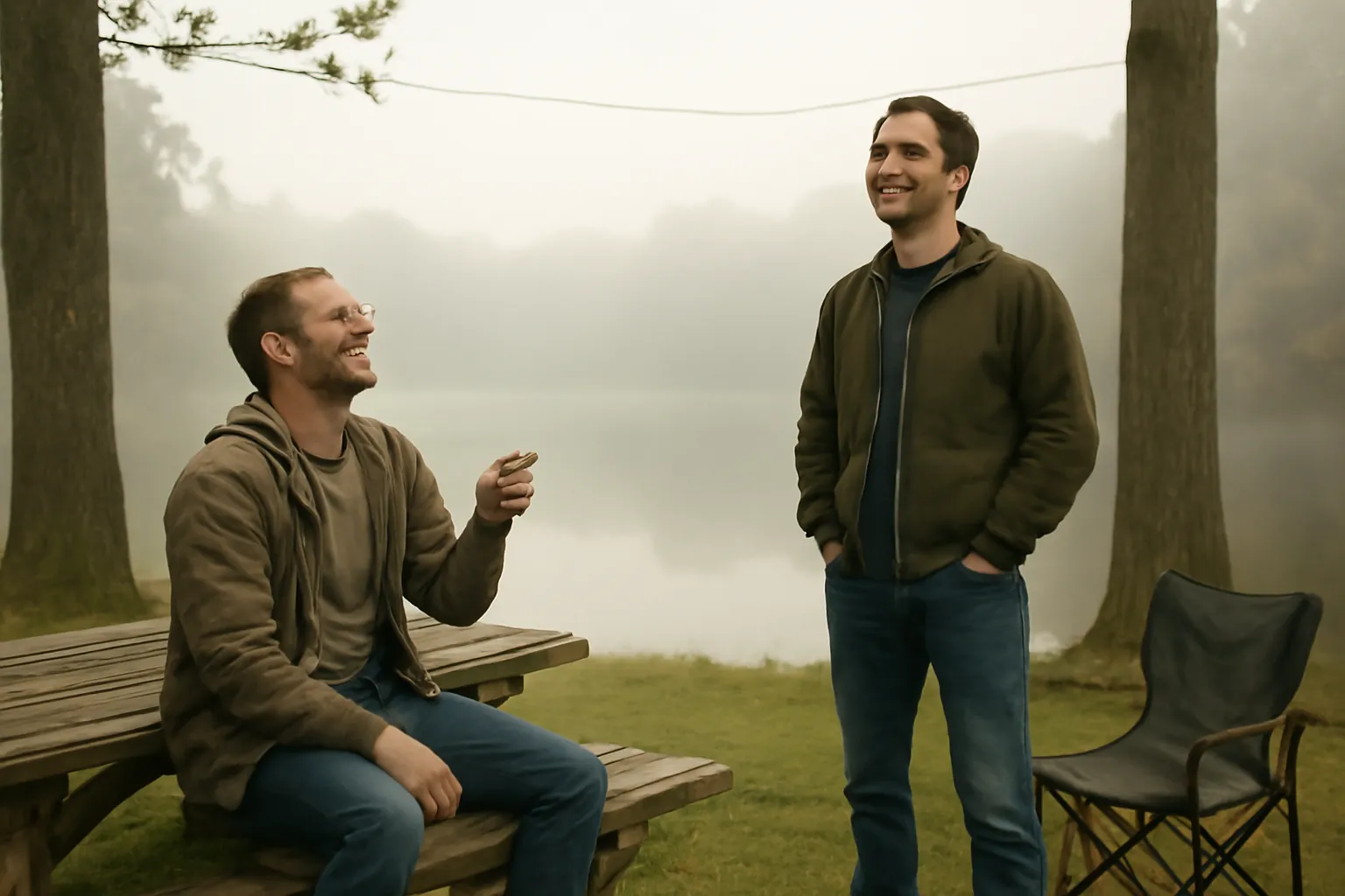 Two friends laughing at a foggy lakeside park, a thin wire antenna strung between two trees above them