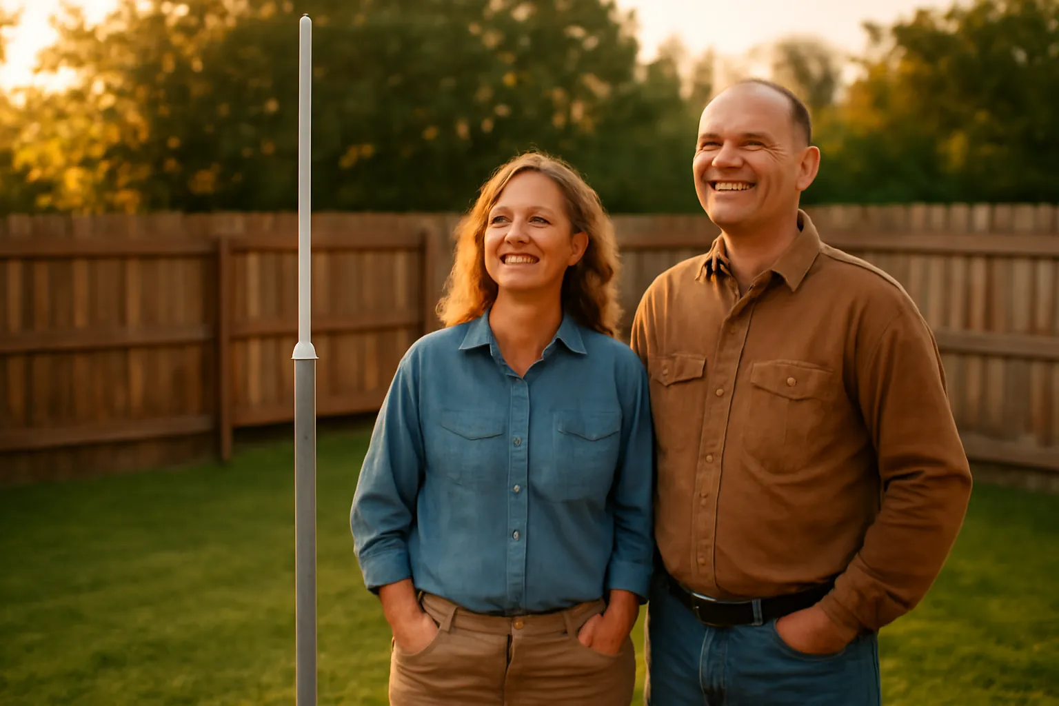 A smiling couple standing in their backyard at golden hour beside a tall white antenna on a short mast
