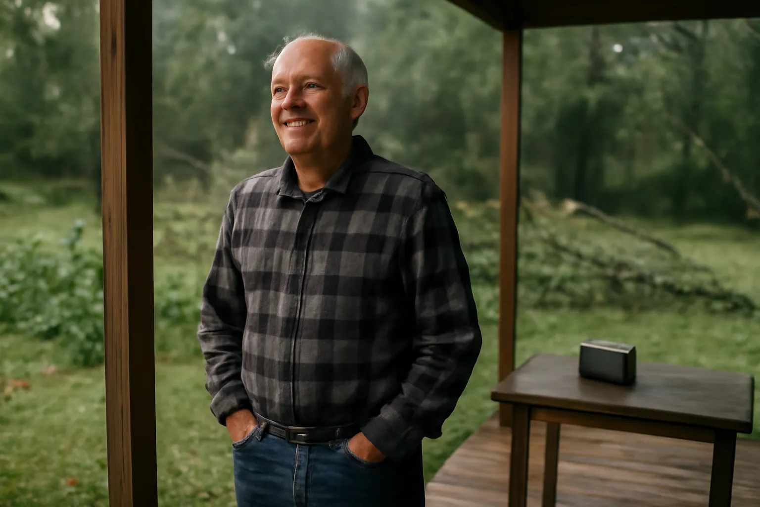 An older man smiling with his hands in his pockets on a covered porch the morning after a storm, fallen branches in the yard and a small radio on a table behind him
