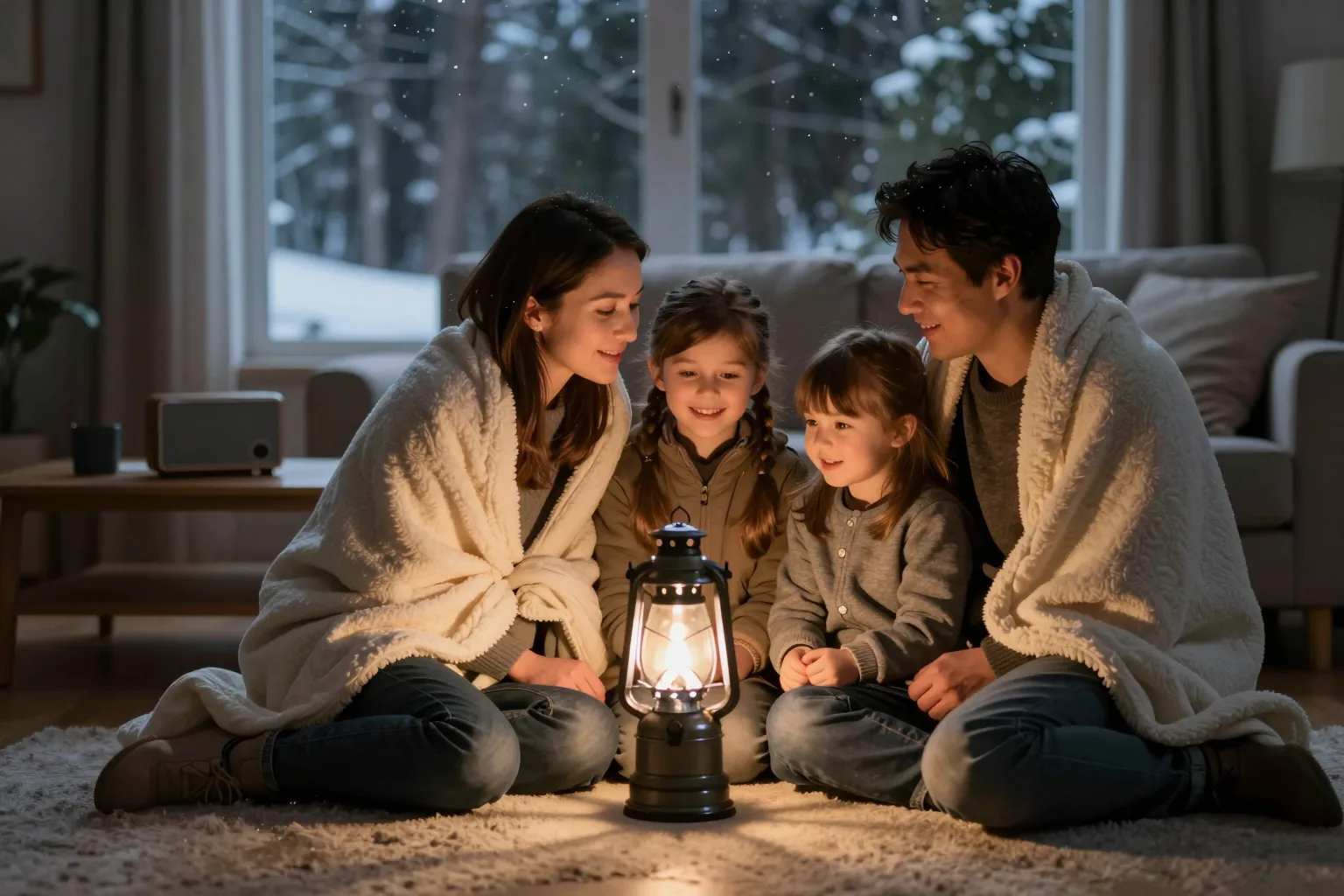 A family of four wrapped in blankets on a living room rug, smiling around a glowing lantern during a winter power outage, snow outside the window