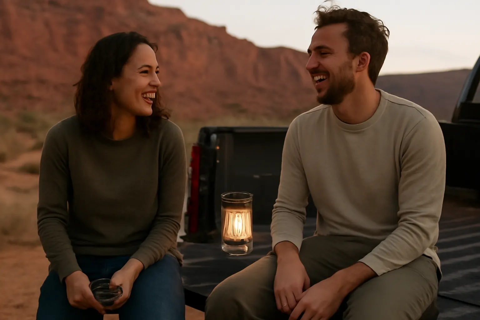 Two friends laughing on a pickup tailgate at a desert campsite at dusk, a lantern glowing between them
