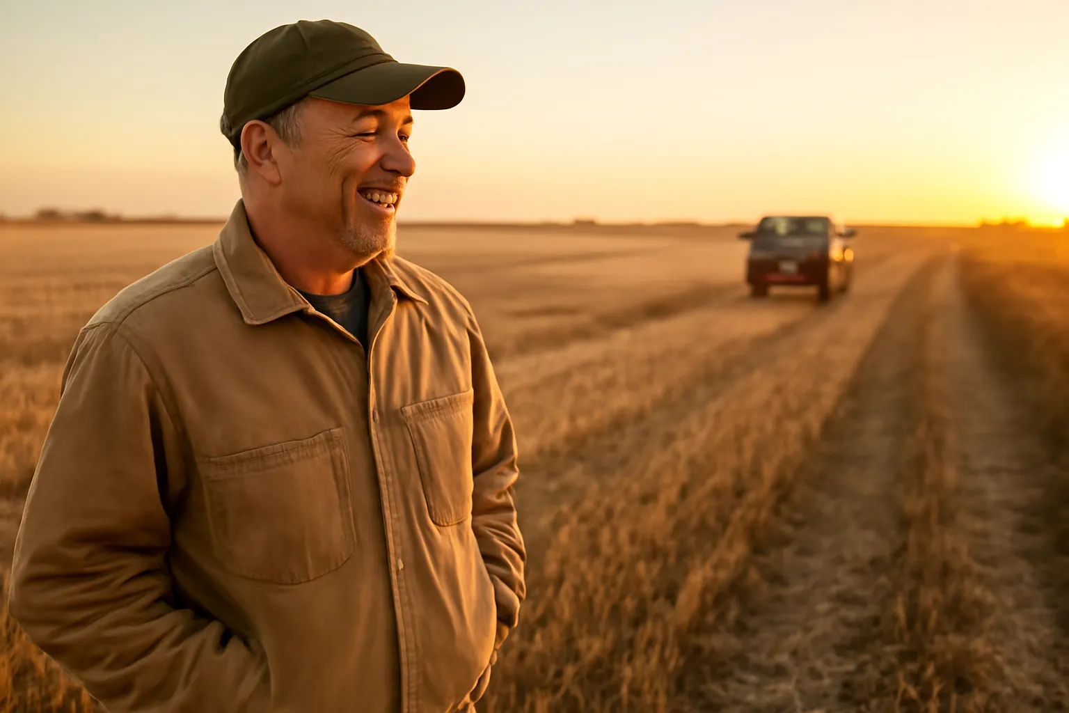 A farmer in a canvas jacket and cap laughing at the edge of a harvested field at sunset, hands in his pockets, a pickup on the dirt lane behind him