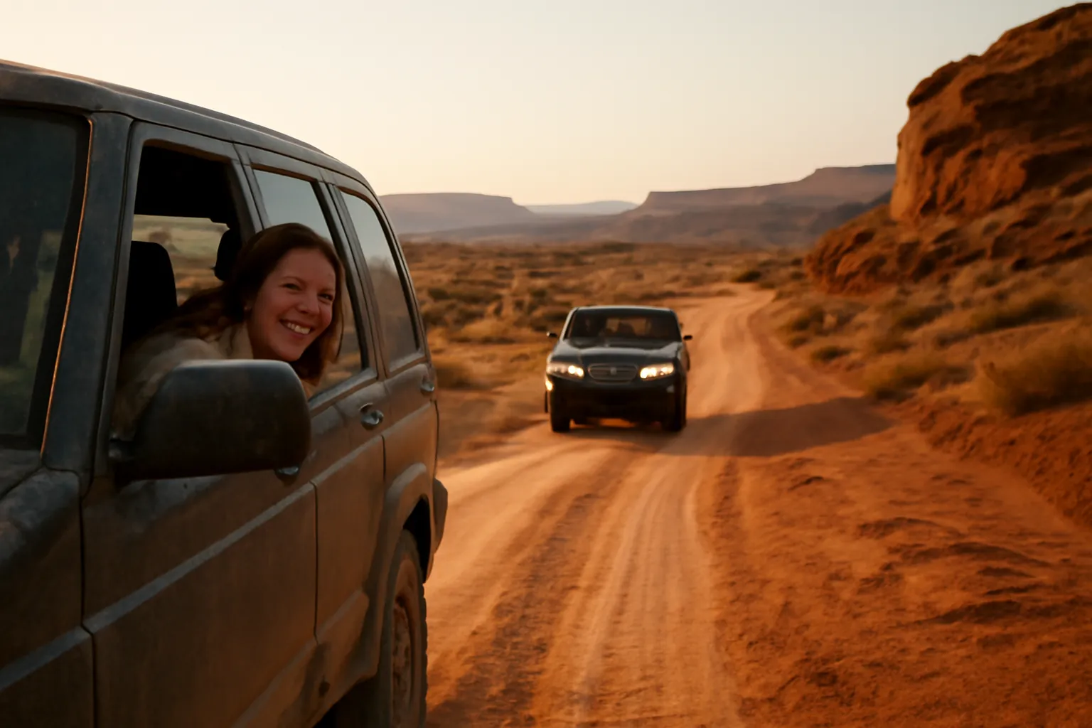 Two SUVs on a red-dirt desert trail at sunset, a woman leaning out of the lead vehicle's window and smiling back