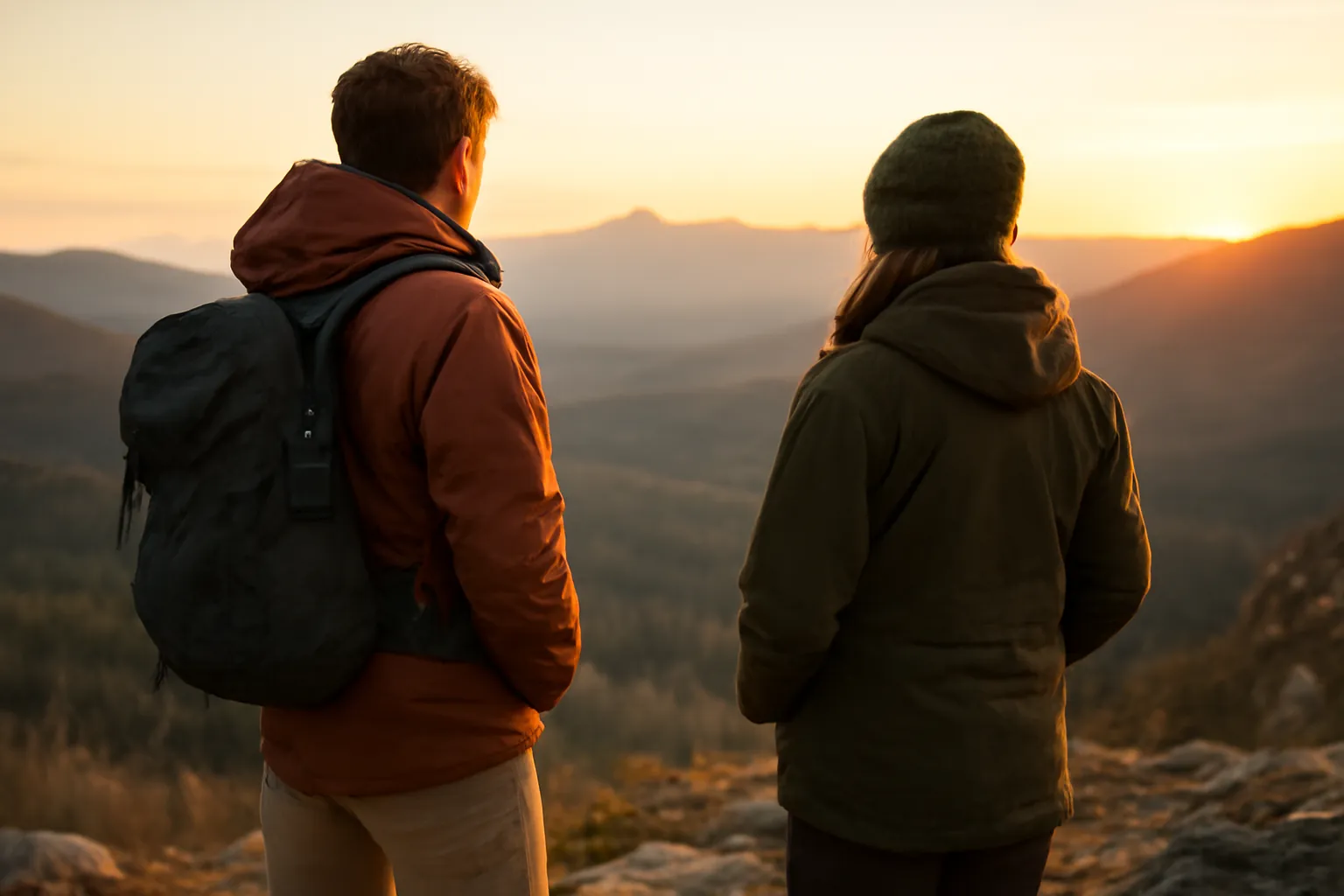 Two hikers seen from behind on a high ridge at golden hour, looking out over a wide valley toward distant peaks