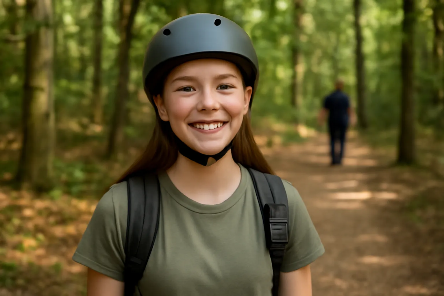 A smiling teenage girl in a bike helmet and backpack on a forest trail, a parent walking far behind her
