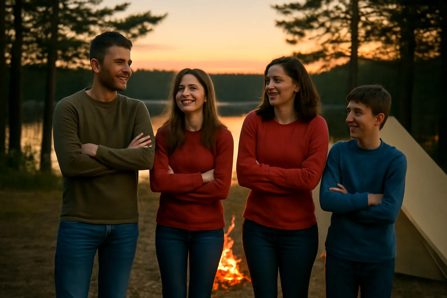 A family of four standing with arms folded and laughing at a lakeside campsite at dusk, a campfire and tent behind them